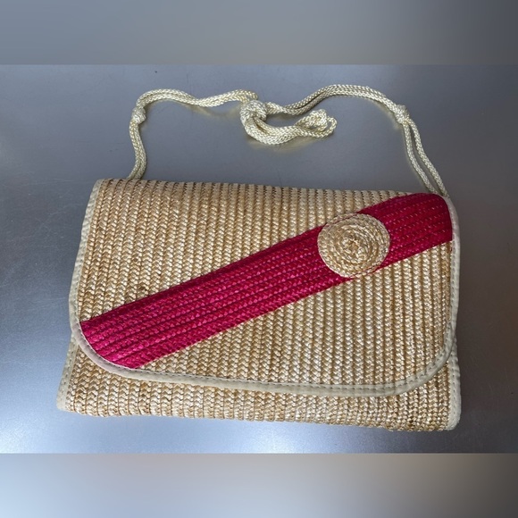 Vintage Woven Straw Envelope Clutch Bag Purse & Strap Tan & Pink - Picture 1 of 7